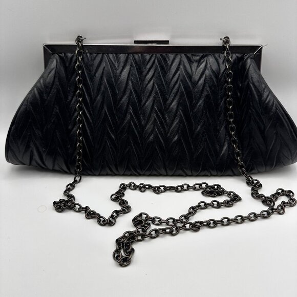JESSICA McCLINTOCK CLUTCH OPTIONAL SHOULDER CHAIN EVENING BLACK FAUX LEATHER - Picture 3 of 7